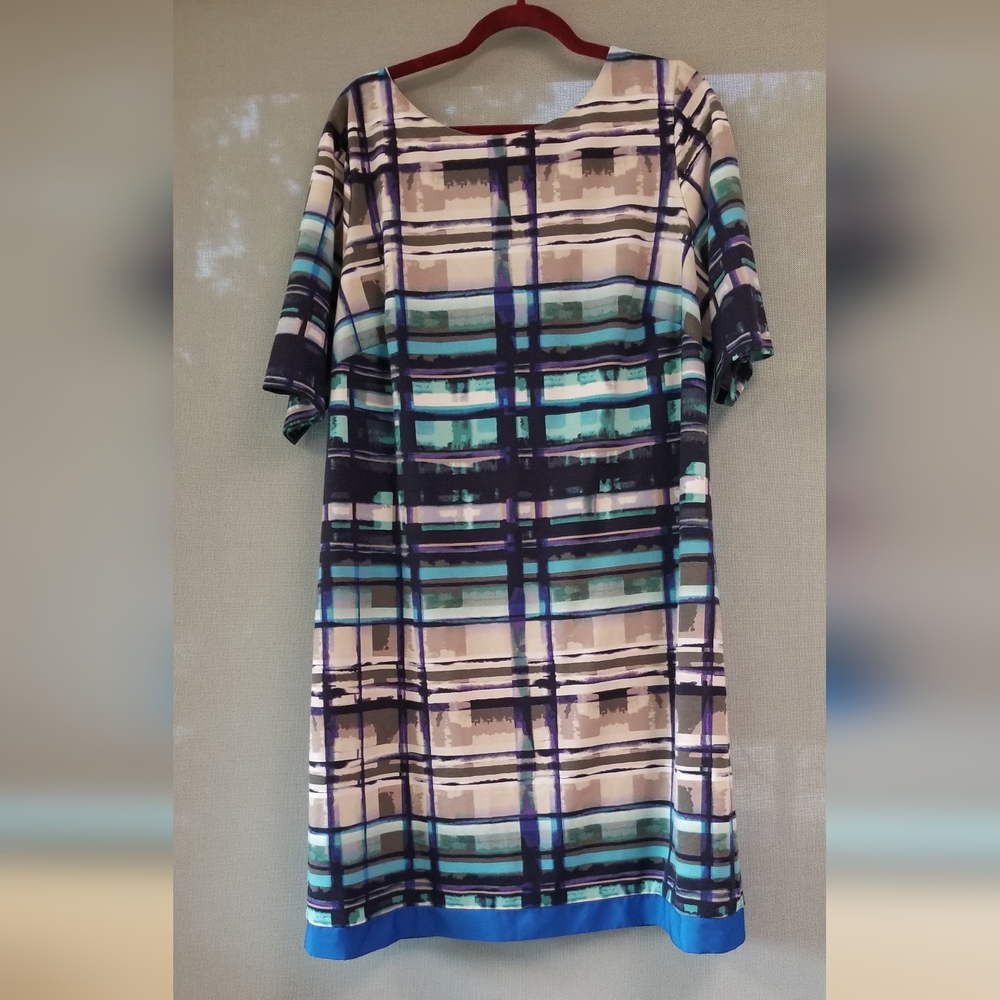 Plaid Patterned Dress with Blue Trim At Button..beautiful Material..